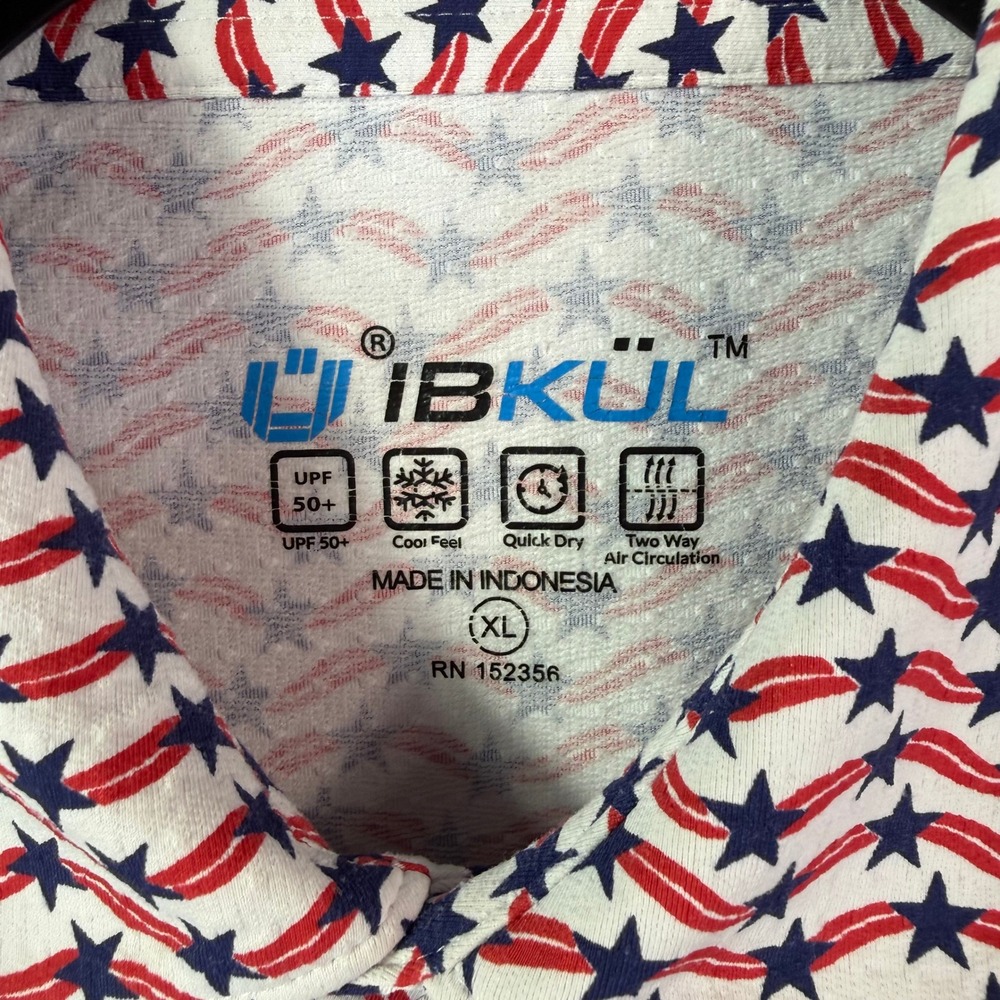 IBKUL Polo Shirt Mens XL Red White Blue Stars Stripes Performance UPF 50+ July 4 - Picture 4 of 7